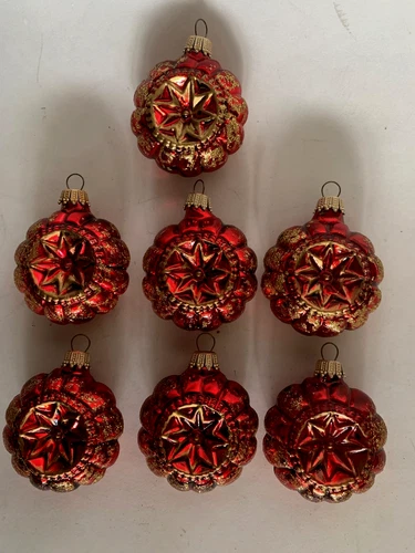 Hand Blown Glass Red & Gold Glittered Star Christmas Ornaments KS Germany 7 pcs