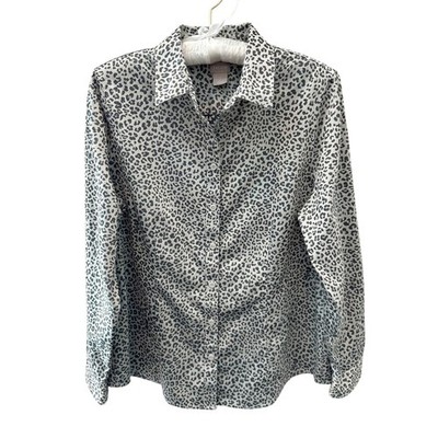 CHICO S | Gray Leopard Print Button Down Shirt Long Sleeve Top | Size 1 Medium