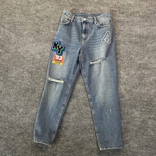 Unbranded Women Patch Detail Mom Jeans 29 Blue Distressed High Rise Cotton Denim