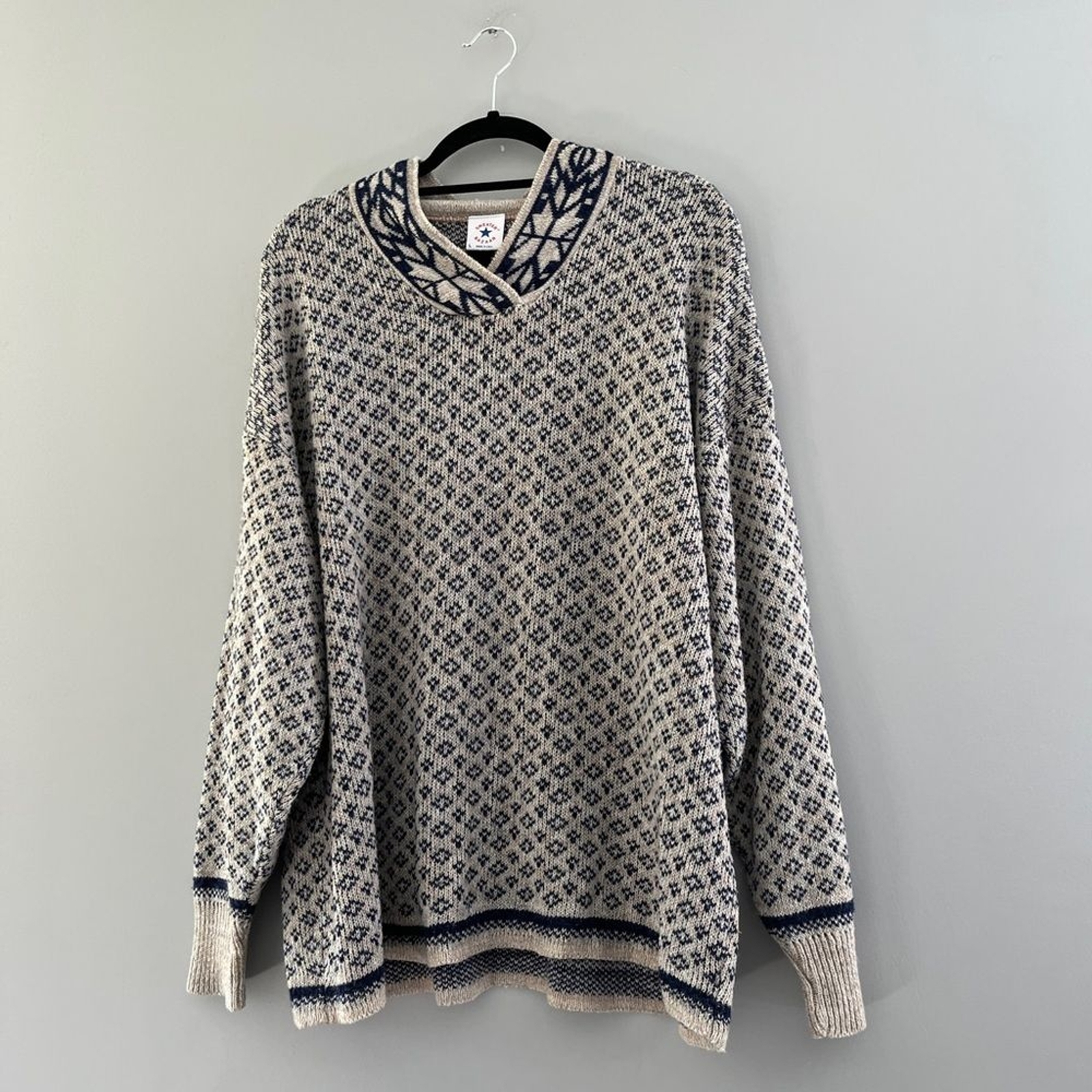Sweater Bazaar Knit V Neck Sweater Tan Navy Size Large-image