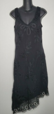 Lillie Rubin Womens Black Beaded Sequin Crochet Silk Dress 10 Asymmetrical  Y2K