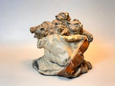 Antique Vienna Bronze Ink Well 4 Bear Cubs in a Canvas Postman's Bag