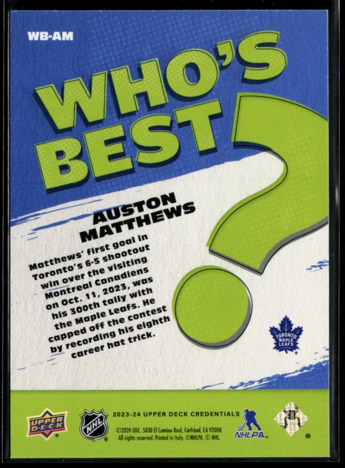 2023-24 Upper Deck Credentials Who's Best? #WB-AM Auston Matthews - Image 2 of 2