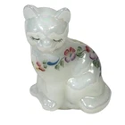 Fenton Glass Cat Hand Painted White Iridescent Opal Pearlescent Floral Figurine