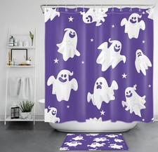Horror Spooky Purple Ghost Halloween Shower Curtain Bathroom Accessories Set
