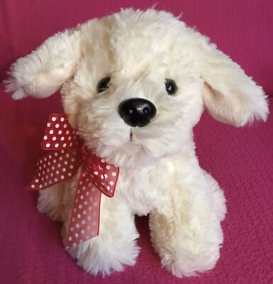 TJM Made For Cuddles cremefarbener sitzender Kakadu Hund rote Punkte Schleife weiches Plüschtier 7 Zoll