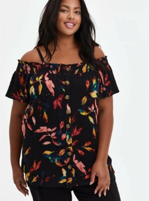 Women Shirt Blouse 3x Torrid 3x 22 24 Plus cold shoulder Colorful Leaf Black Nwt