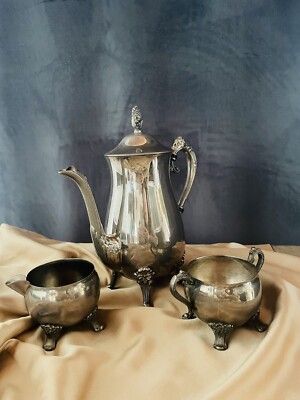 Vintage Silver Plated Coffee Set EP Brass Coffee Pot Sugar Bowl Creamer 3 Pc