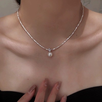  Irregular Broken Silver Pearl Necklace Rose Drop Glazed Collarbone Chain