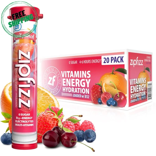 Zipfizz Healthy Energy Drink Mix, Hydration with B12, Fruit Punch, 20 Tubes