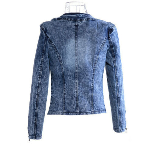 Women Crystal Denim Jacket Coat Faded Jeans Blazer Shiny Fitted Slim Casual - Picture 6 of 11