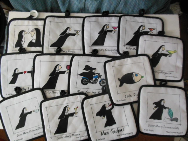 HANDCRAFTED NUN FOR THE ROAD Potholders - Sister Mary Merlot, Manhattan, Mimosa, ...