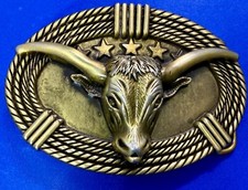 3D Longhorn Bull Head with Stars Rope Border Western Rodeo Cowboy Belt Buckle