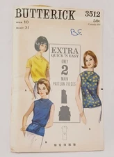 Blouse Three Versions Pattern Misses Size 10 Butterick 3512 VTG  UnCut Bust 31"