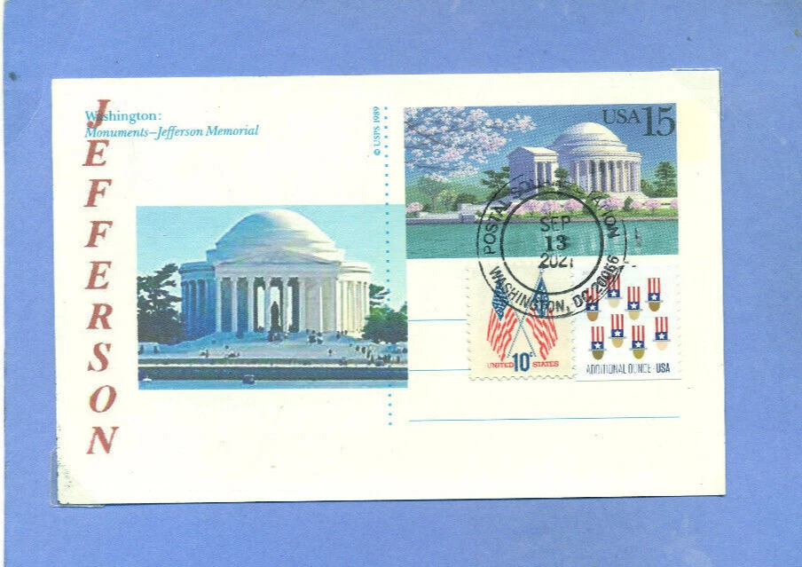 JEFFERSON MEMORIAL Washington, DC Color Photo Postal Card #UX534 Flag First Day - Image 2 of 2