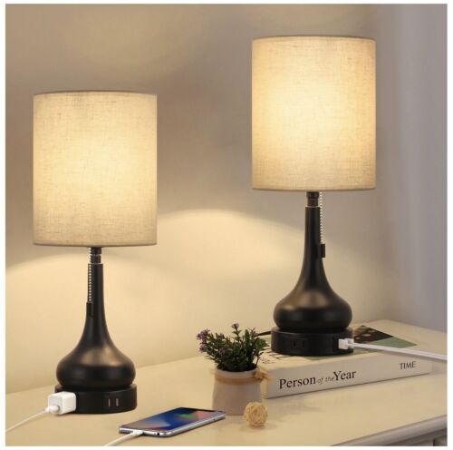 Table Lamps Set of 2 White Desk Lamps with Dual USB Ports & AC Outlet - Picture 1 of 4