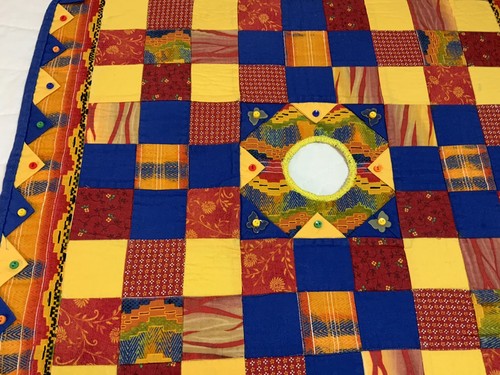 Patchwork Quilt Table Topper, Hand Made, Nine Patch, Orange, Yellow, Royal Blue - Picture 5 of 12