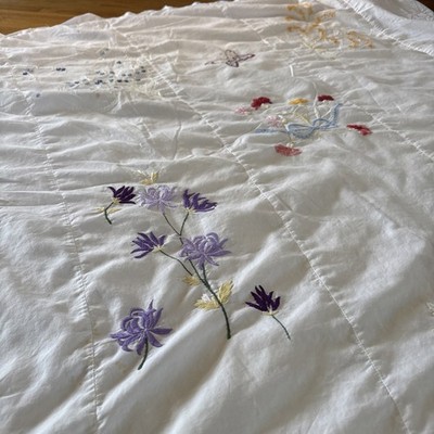 Vintage Homemade Embroidered Bedspread Florals Bed Cover  65 x65 