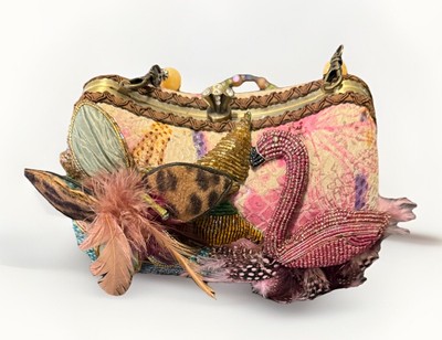 Mary Frances Floral Feather & Bead Flamingo Clutch Flight of Fantasy Collectible