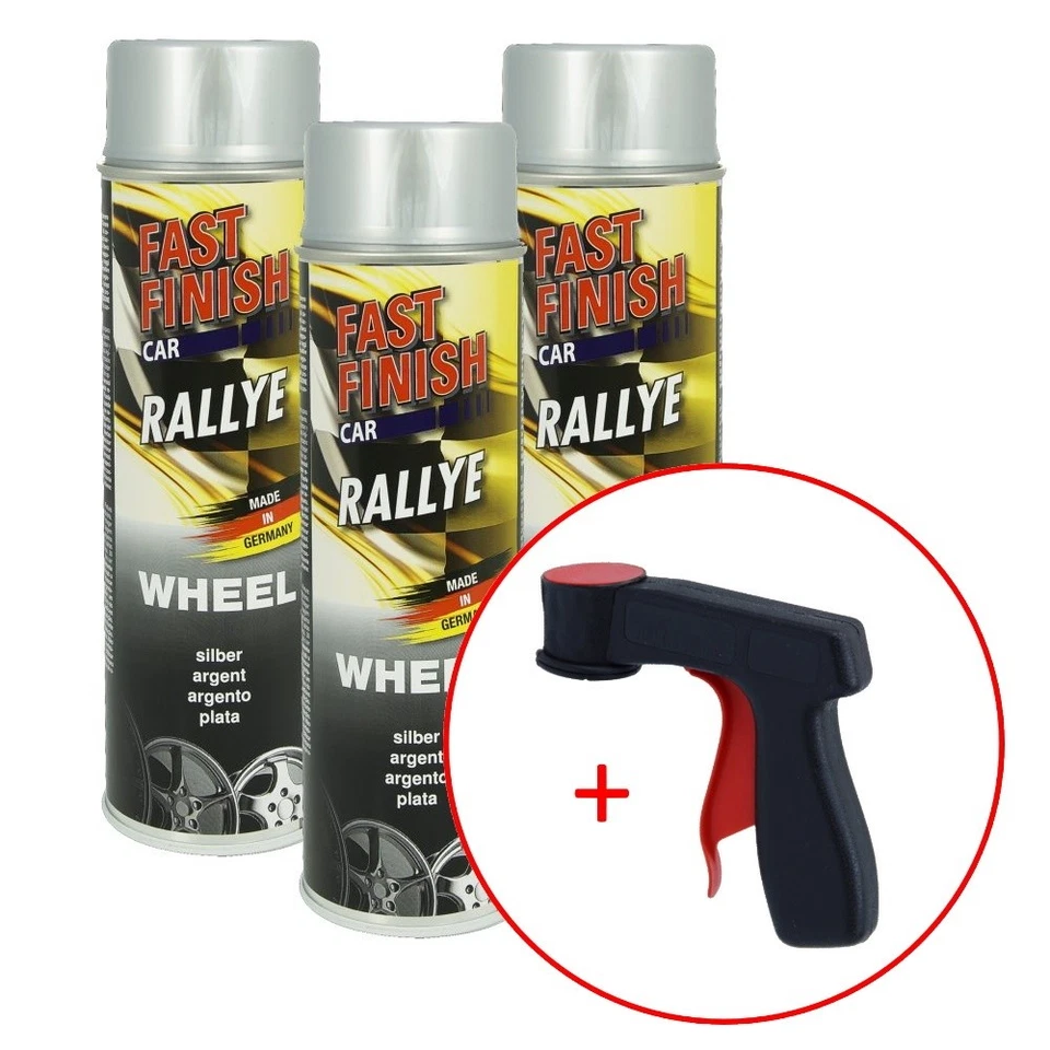 3x 500ml Felgenlack Lack silber Fast Finish Rallye + 1x Handgriff Spraydose - Bild 1 von 1