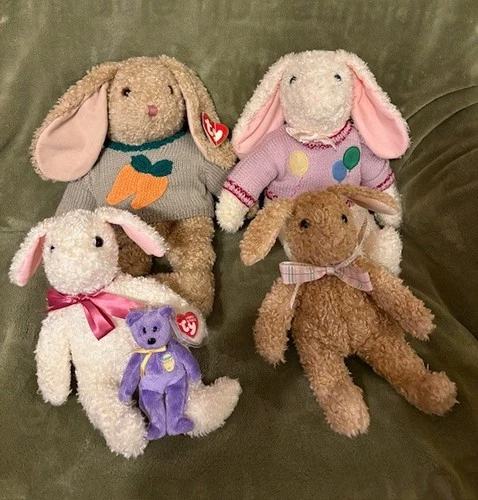 5 Vintage TY Beanie Classic Curly Bunny Rabbit 1991 Large Plush 18" down to 5"