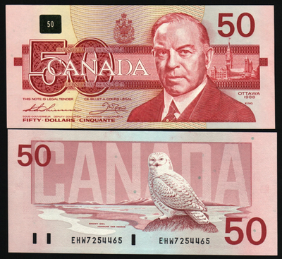 カナダ 50ドル紙幣 1988年発行 Canada 50 DOLLAR P-98a 1988 KING Snowy OWL THIESSEN/CROW Sign UNC