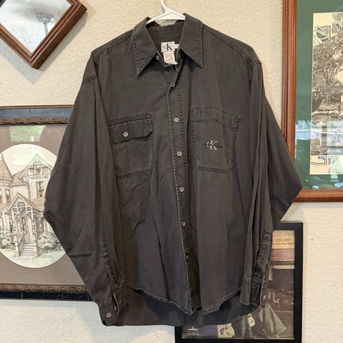 Calvin Klein Jeans, Vintage 90s RARE Calvin Klein Jeans Black Denim Shirt Long Sleeve Men's Medium