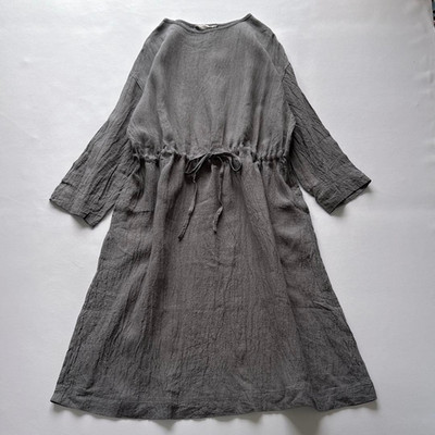 ICHI Antiquites Linen Long One Piece Dress Gray Oversized Wrinkled New with Tags