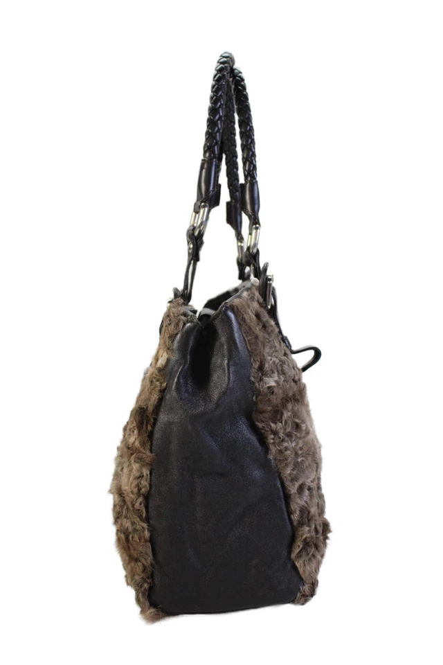 Paolo Masi Womens Leather Fur Front Silver Tone Shoulder Handbag Brown - Image 2 of 4