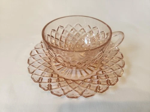 Pink Waterford (Waffle Design) Depression Glass Cups and Saucers