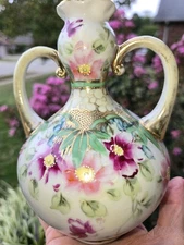 Vintage Hand-painted Nippon Double Handled Floral Vase