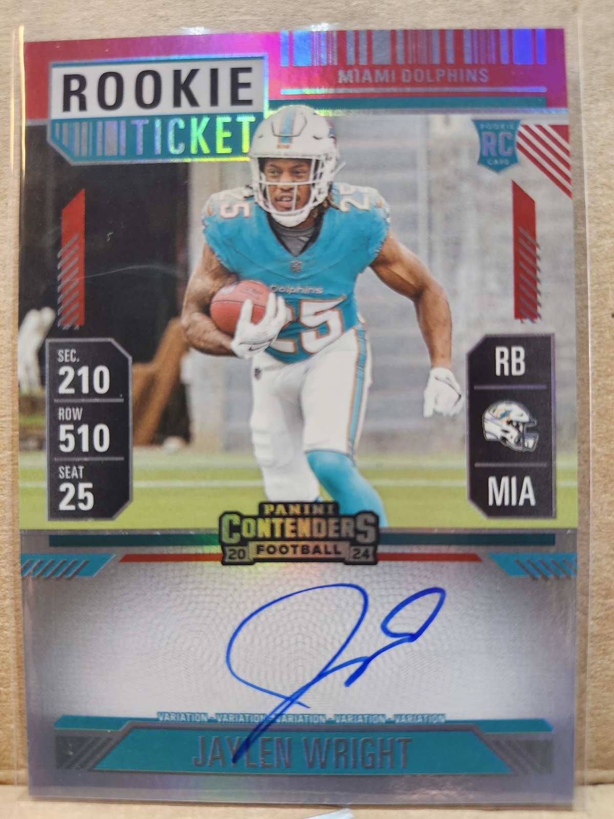 Jaylen Wright 2024 Panini Contenders Rookie Ticket RPS Auto On Card Dolphins 132