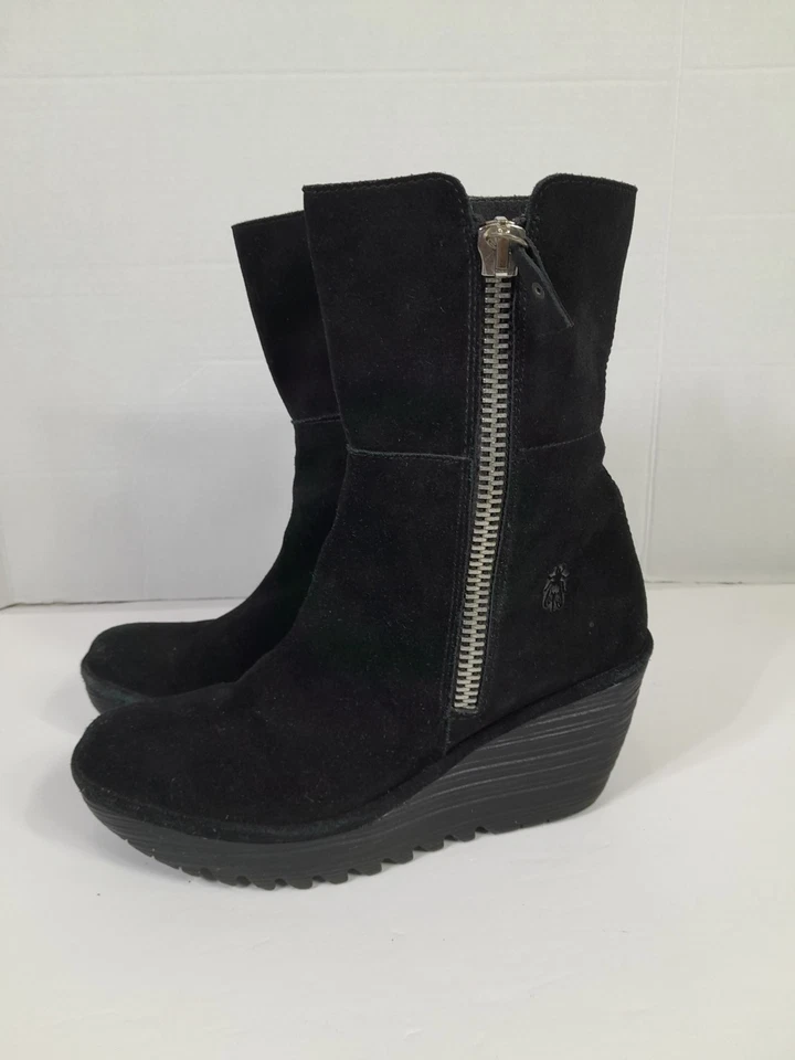 Fly London Yex Black Suede Foldover Wedge Ankle Boots EUR 38 Womens Size 7- 7.5 - Image 2 of 4