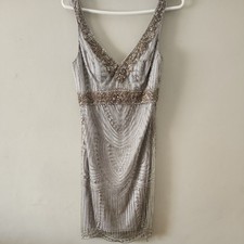 SUE WONG Platinum Silver Grey Beade Formal Evening Party Dress Size 6 SEE DESCRP