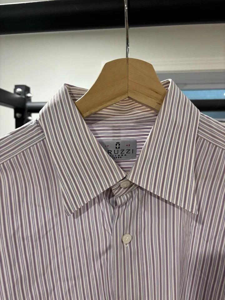 Hombres Truzzi Milano Púrpura/Blanco Rayas Algodón Camisa de Vestir Italia 17 EE. UU. 43 UE Foto 2 de 4