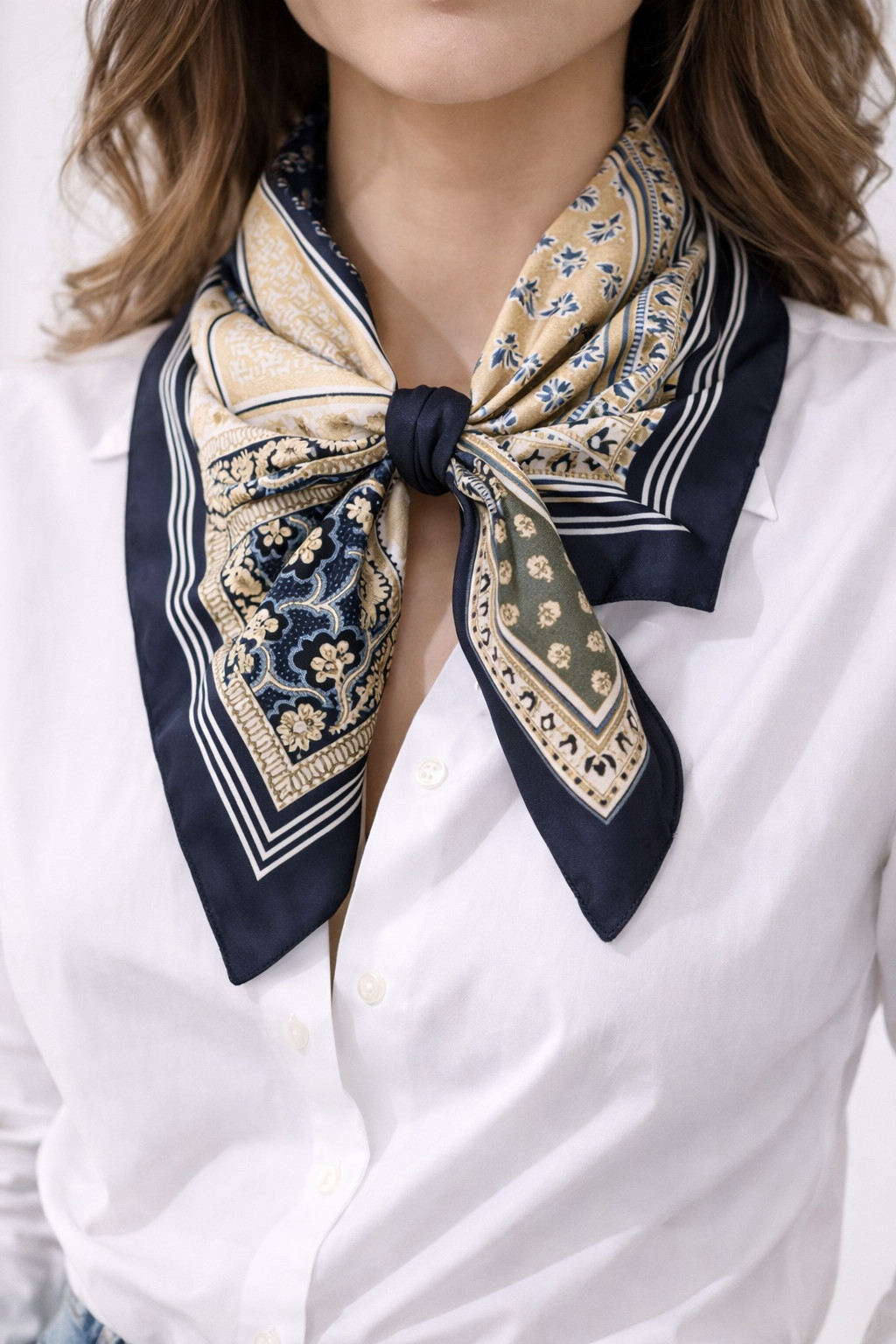 Square Scarf Navy Beige Patchwork Print 20x20 Cla… - image 1