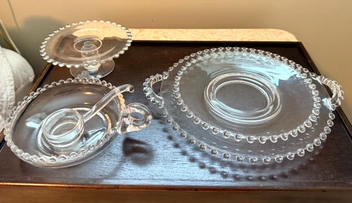 Vintage Depression Glass Beaded Serving Set Plate Platter Sauce Bowl Ladle