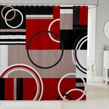 Modern Red Grey Black Stripe Shower Curtain Geometric Retro Circle 72x72 Inch