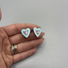VINTAGE STERLING PINK ROSES ON BLUE GUILLOCHE ENAMEL HEART SCREWBACK EARRINGS