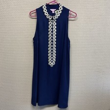 Lilly Pulitzer Jane Shift Dress Navy Blue Gold Embroidery Zip Up Women's sz 10