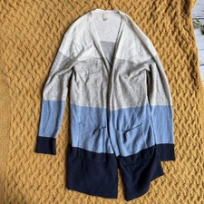 A New Day Womens Long Open Cardigan Sweater Size S Blue White Colorblock Duster