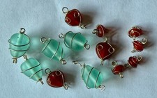 13 Vintage 'Sea Glass' Beads w/ Wire Wraps Sea Foam Green  Rust Orange Red
