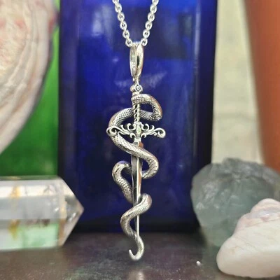 ECLECTIC SHOP UK LTD ® Snake Sword Pendant Necklace 925 Sterling Silver Wisdom Strength Amulet & Boxed