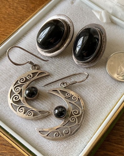 Vintage Pairs STERLING EARRING Taxco ONYX STUDS, FILIGREE CRESCENTS Pierced - Picture 6 of 10