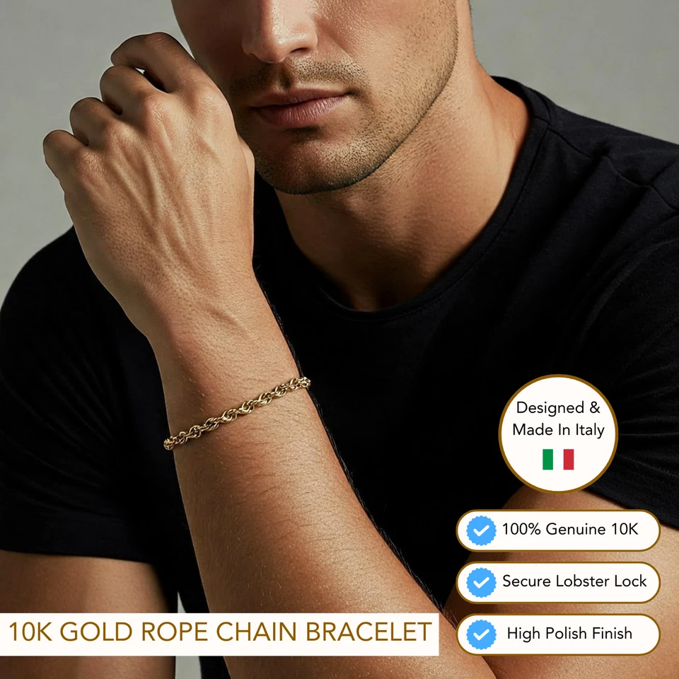 10K Real Solid Yellow Gold 2mm 3mm 4mm Rope Chain Italian Rope Bracelet 7.5" - Image 2 of 4