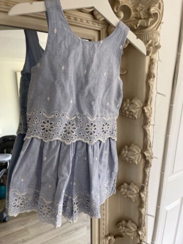 BNWT Monsoon Baby Girl Blue And White Frill Embroidered Dress Size 12-18 Months  - Picture 1 of 3