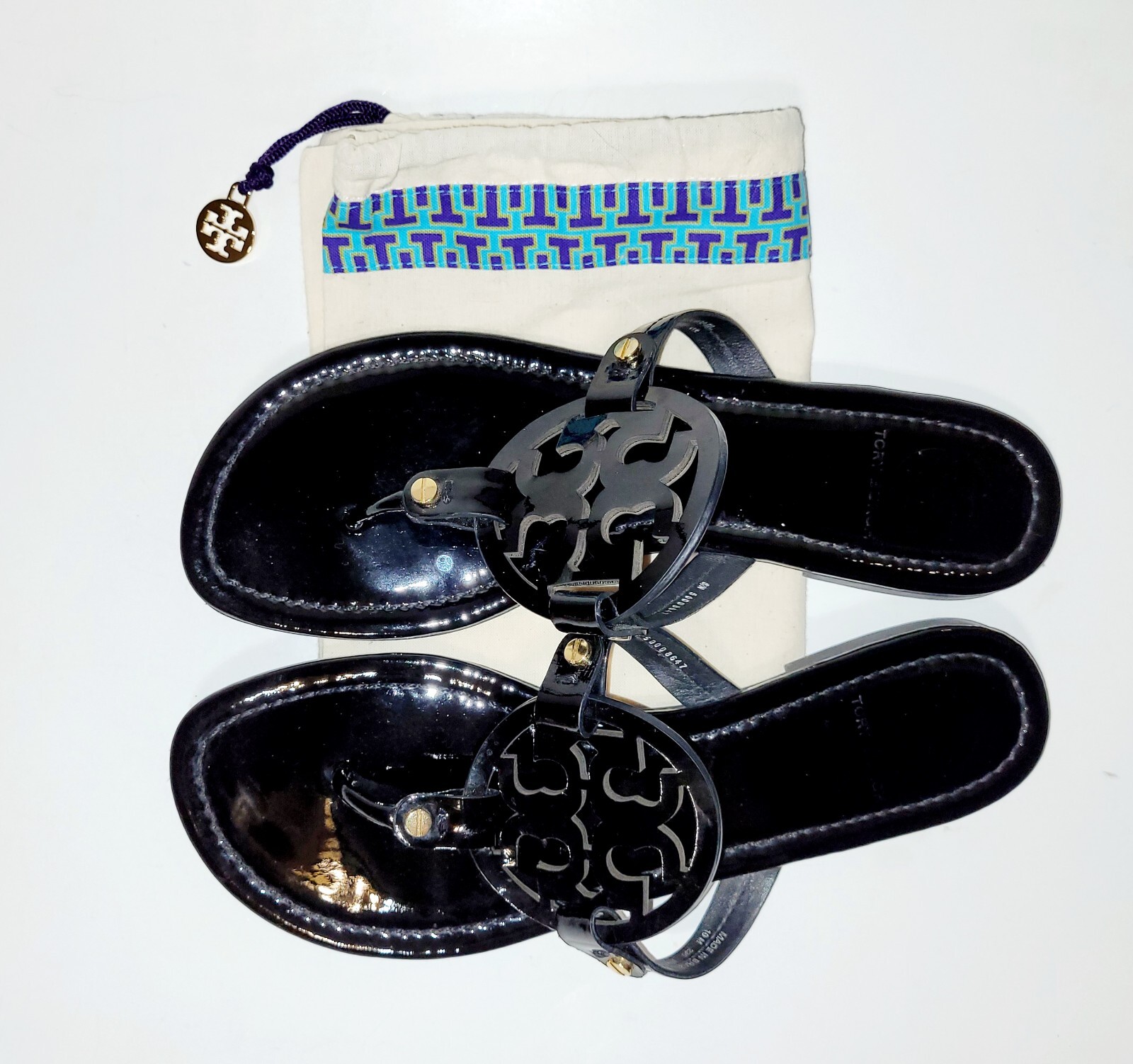 Tory Burch Miller Sandals Logo Black Patent Leather Thong FlipFlop Flats Wms 10M thumbnail 19