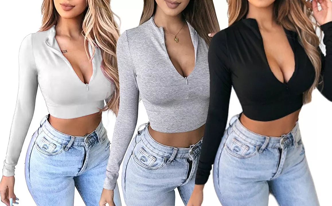 Womens Zipper Sexy V Neck T Shirt Blouse Ladies Long Sleeve Slim Fit Crop  Tops 