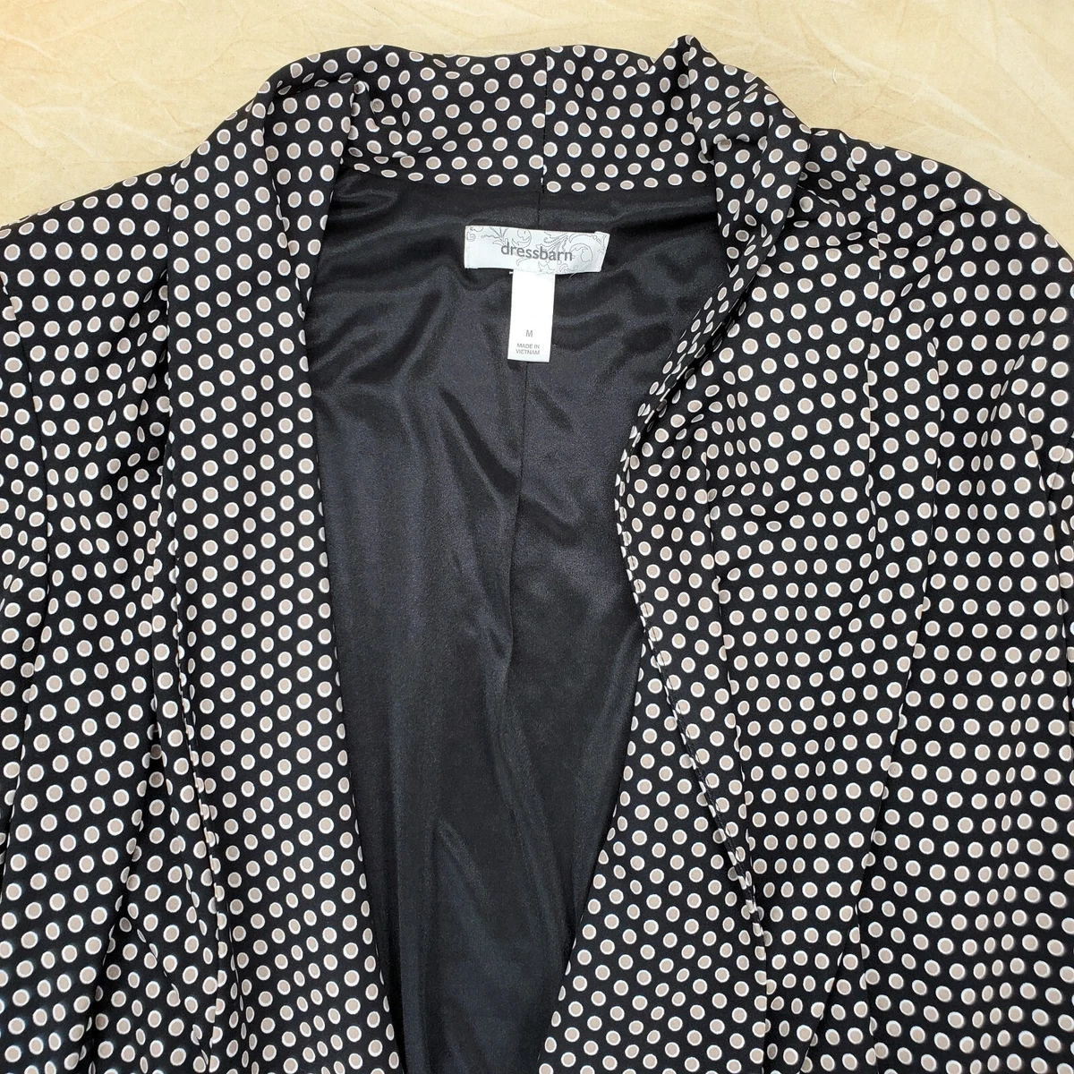 Dress Barn Jacket Women Medium Polka Dot Black Tan White Waterfall