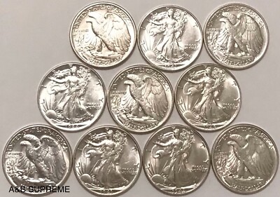 10) Walking Liberty Half Dollars BU Brilliant Uncirculated 90
